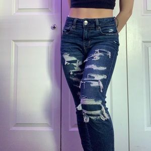 cute + comfy AE distressed patch jeans